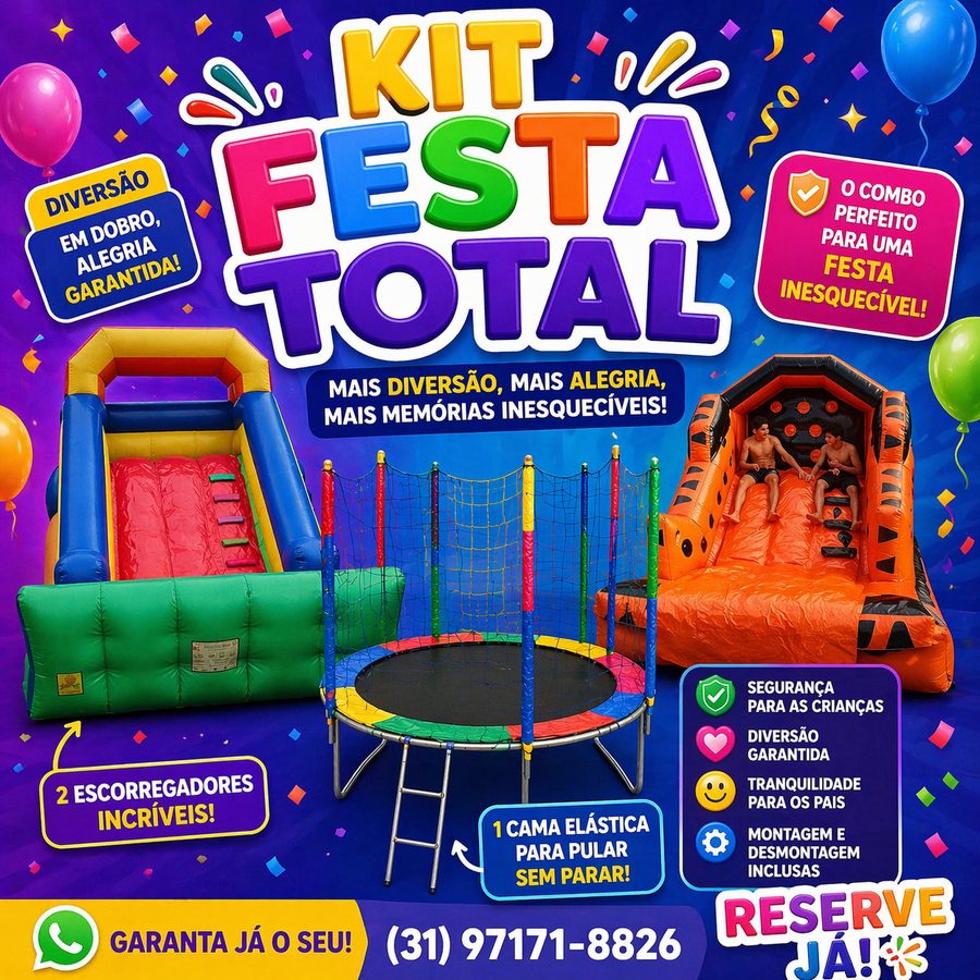 Kit Festa Total: dois escorregadores infláveis e uma cama elástica
